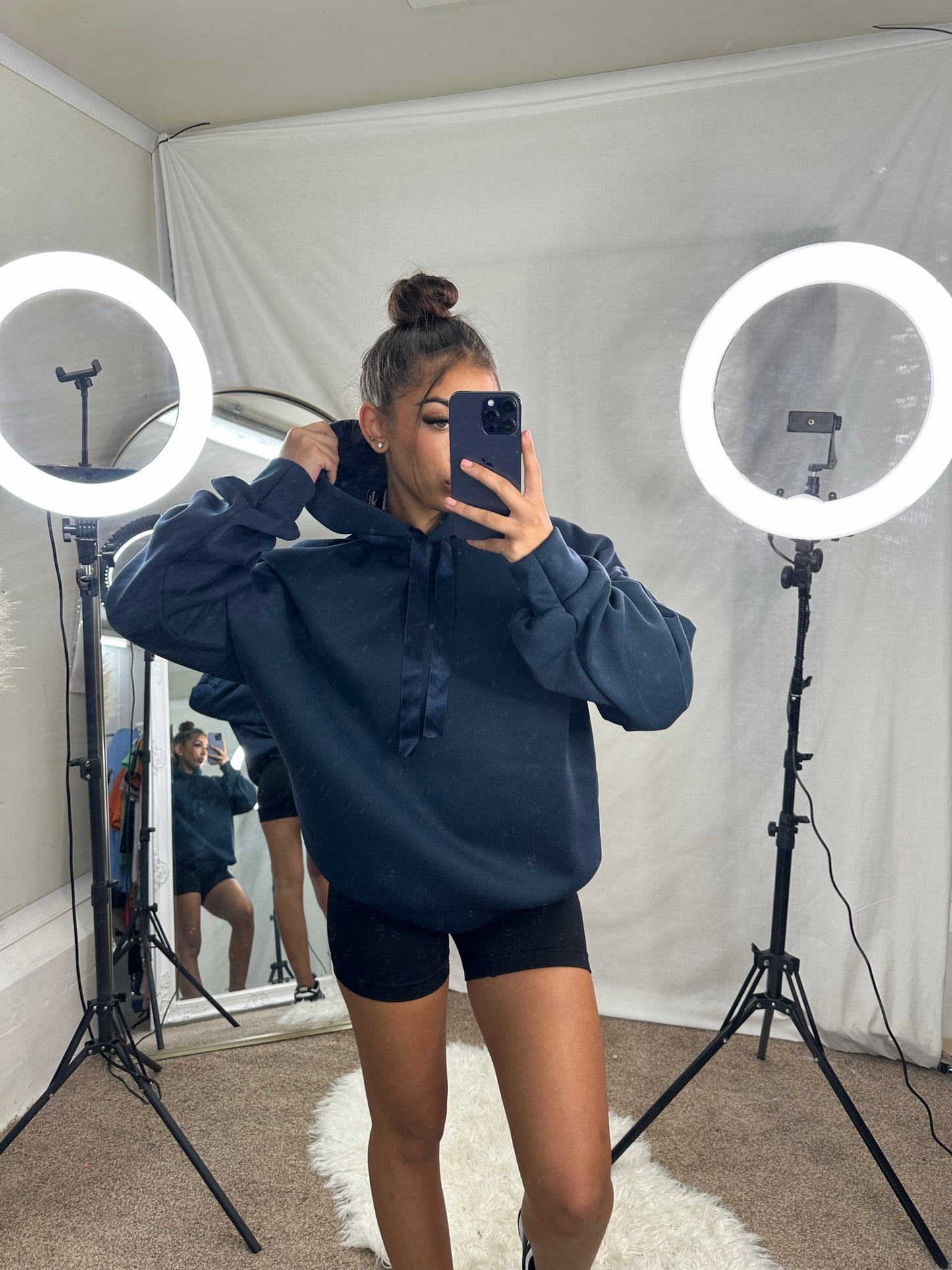 Riley ruche sleeve hoodie with ribbon drawstring