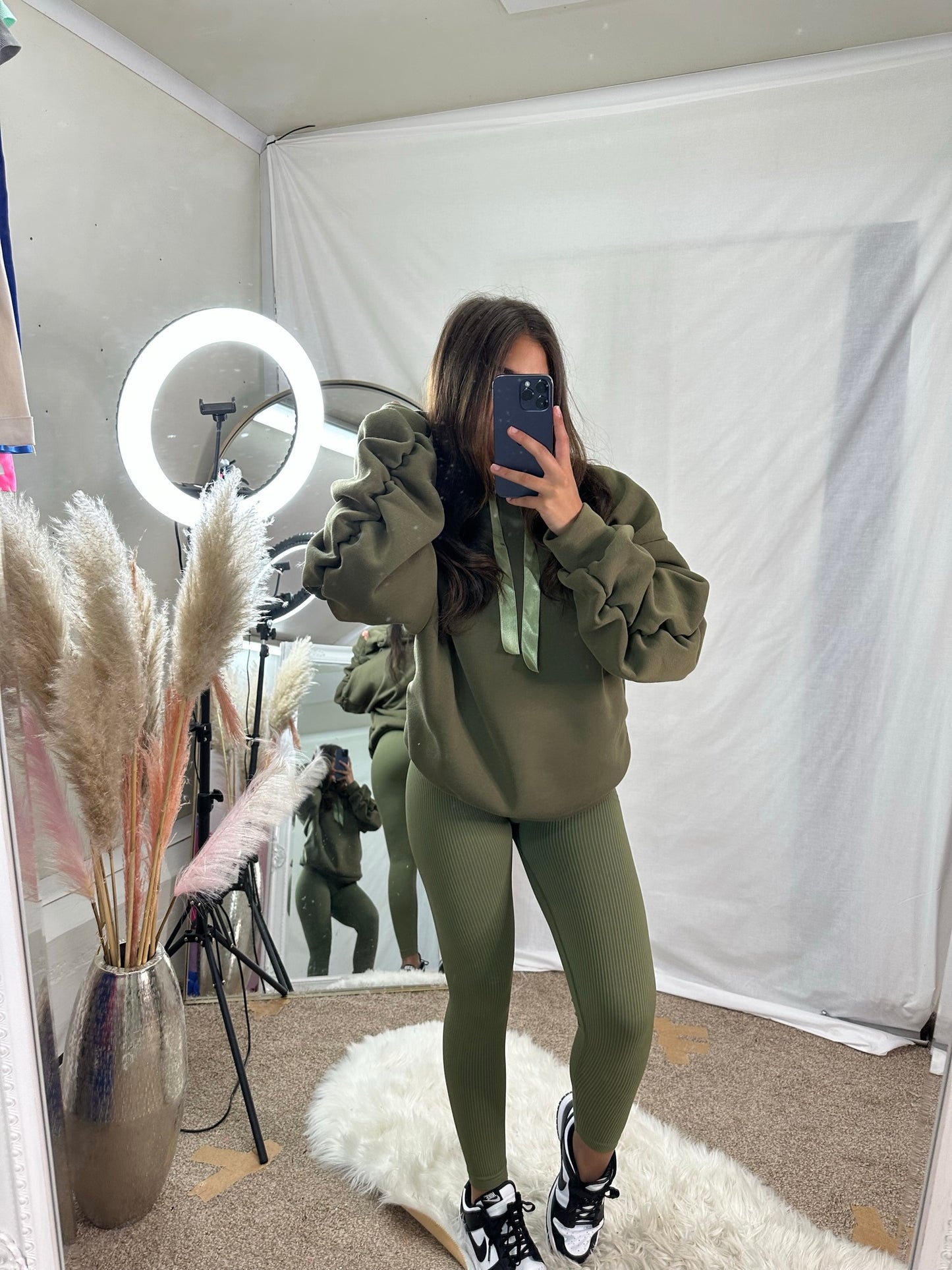 Riley ruche sleeve hoodie with ribbon drawstring