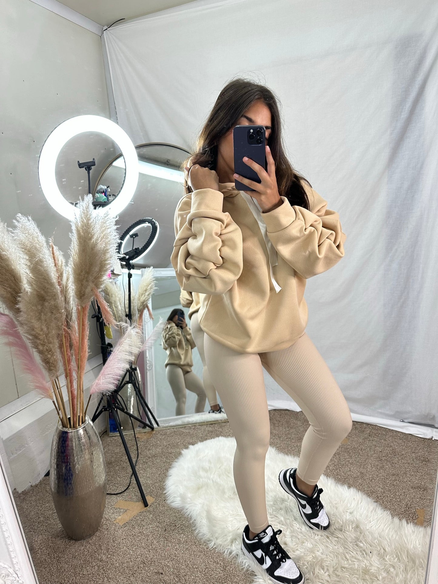 Riley ruche sleeve hoodie with ribbon drawstring