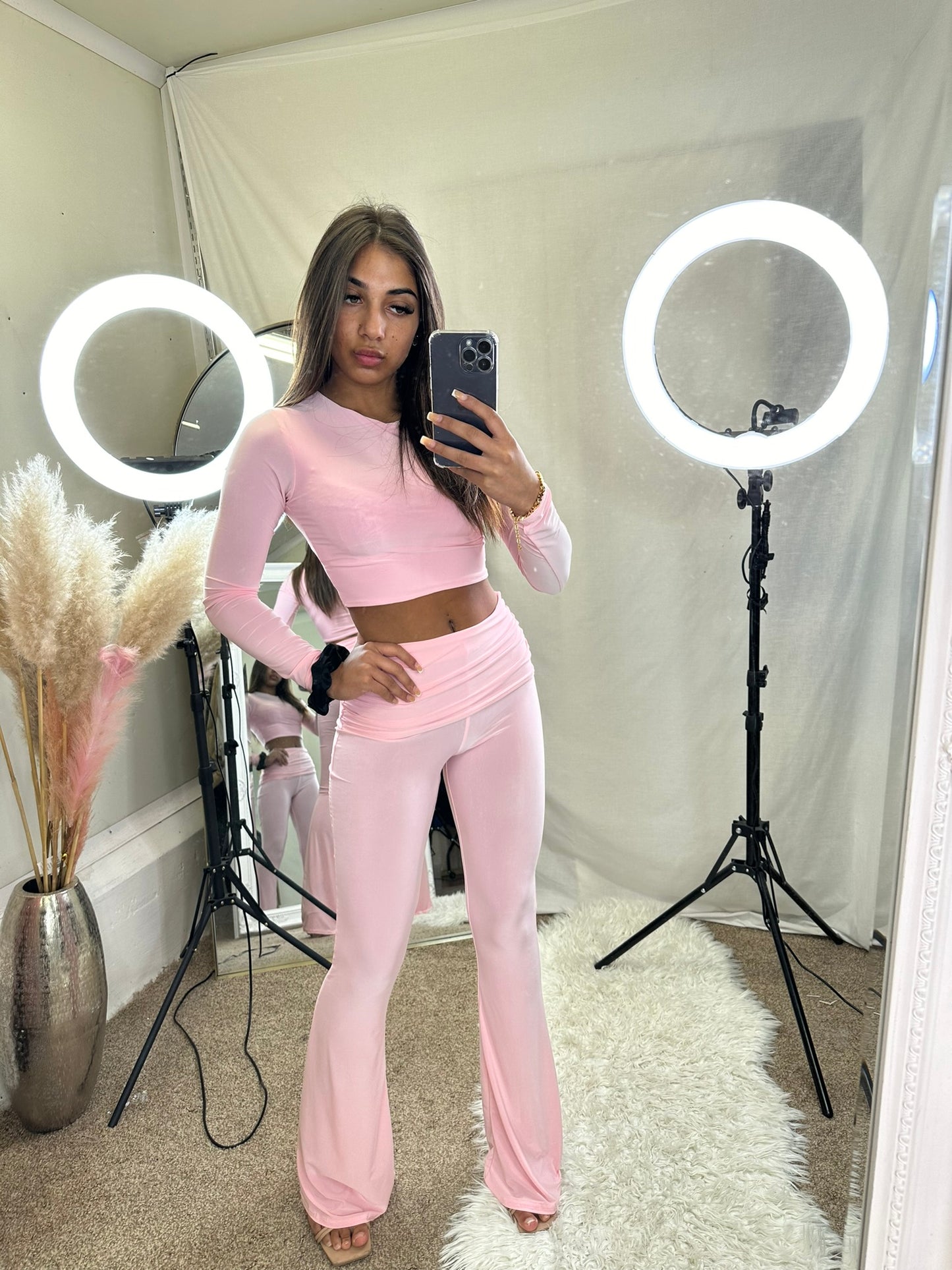 Long sleeved crop top and ruched waist flared bottoms lounge wear set 3035