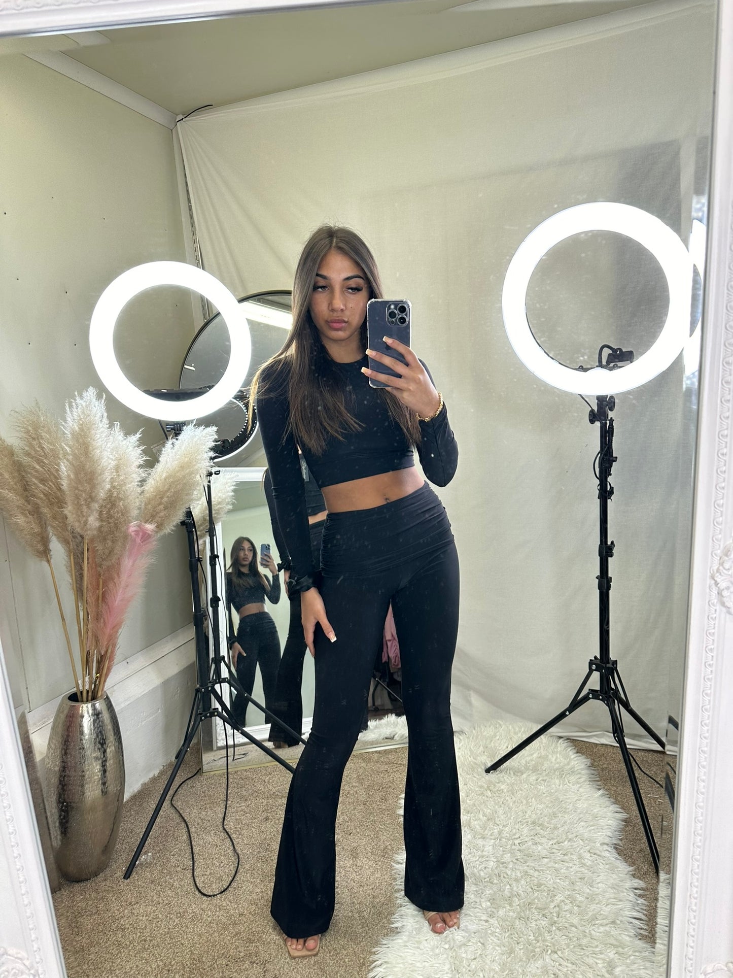 Long sleeved crop top and ruched waist flared bottoms lounge wear set 3035