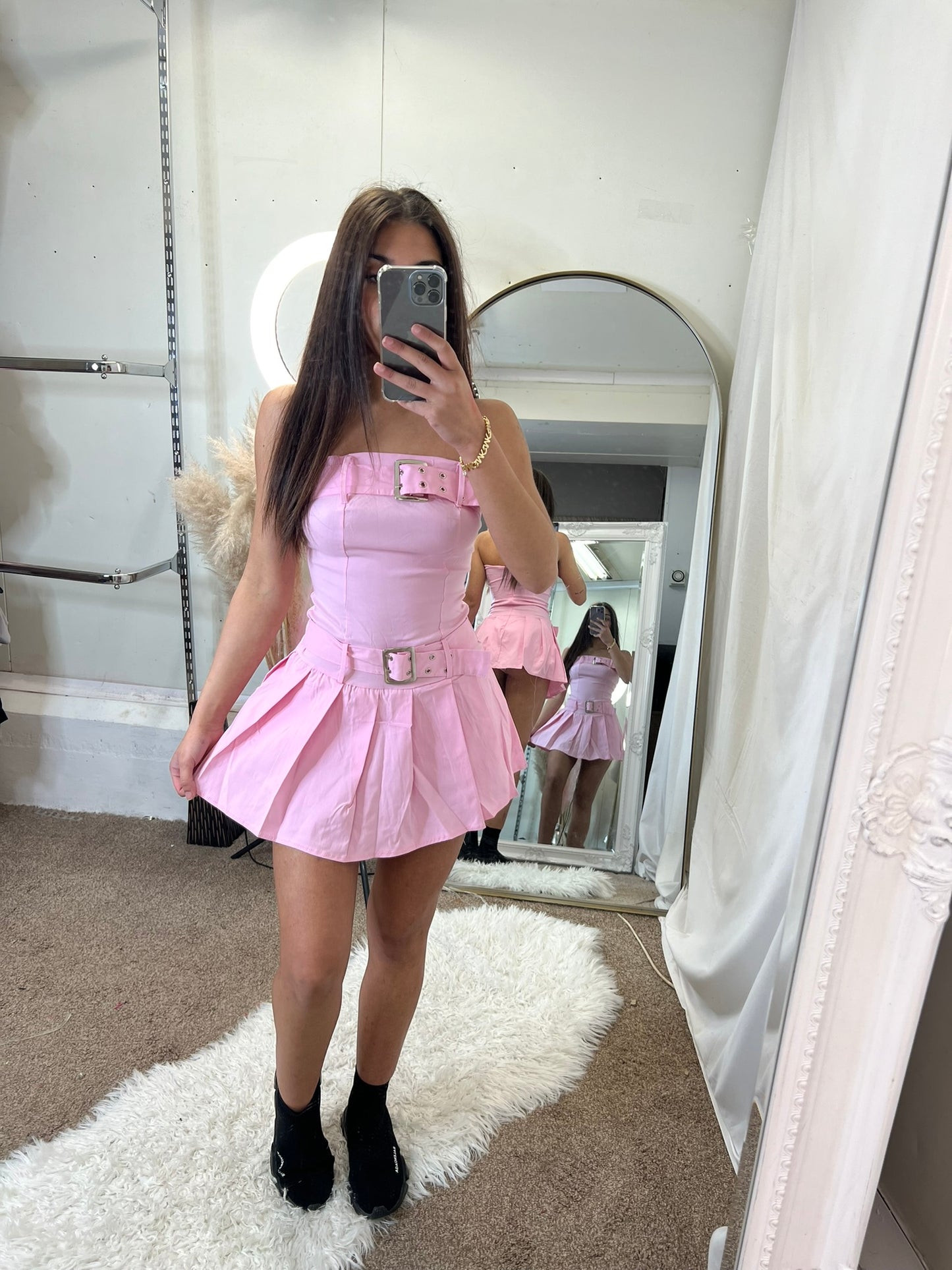 Buckle pleated skirt skort dress