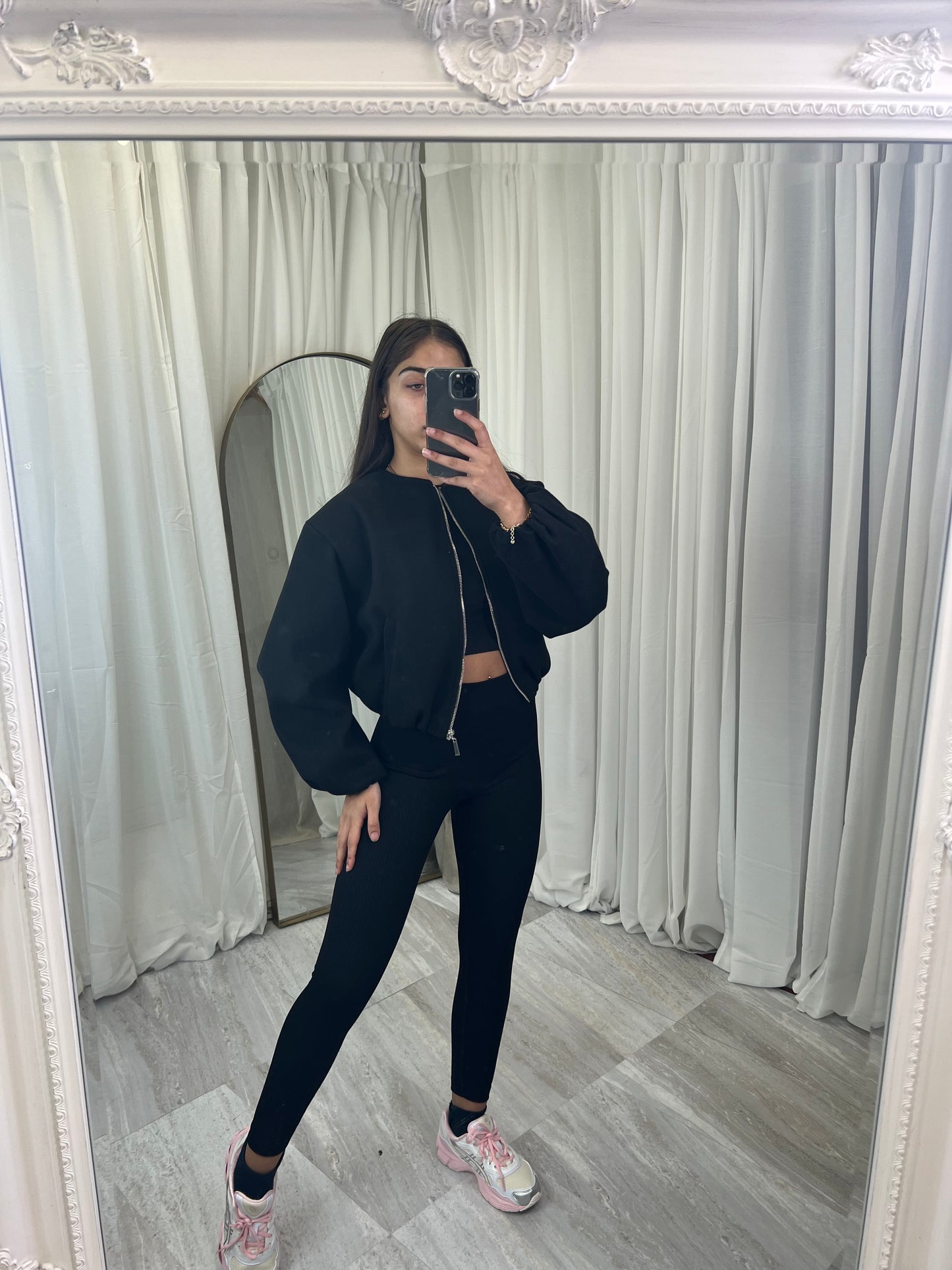 Zipped wool balloon sleeve bomber jacket