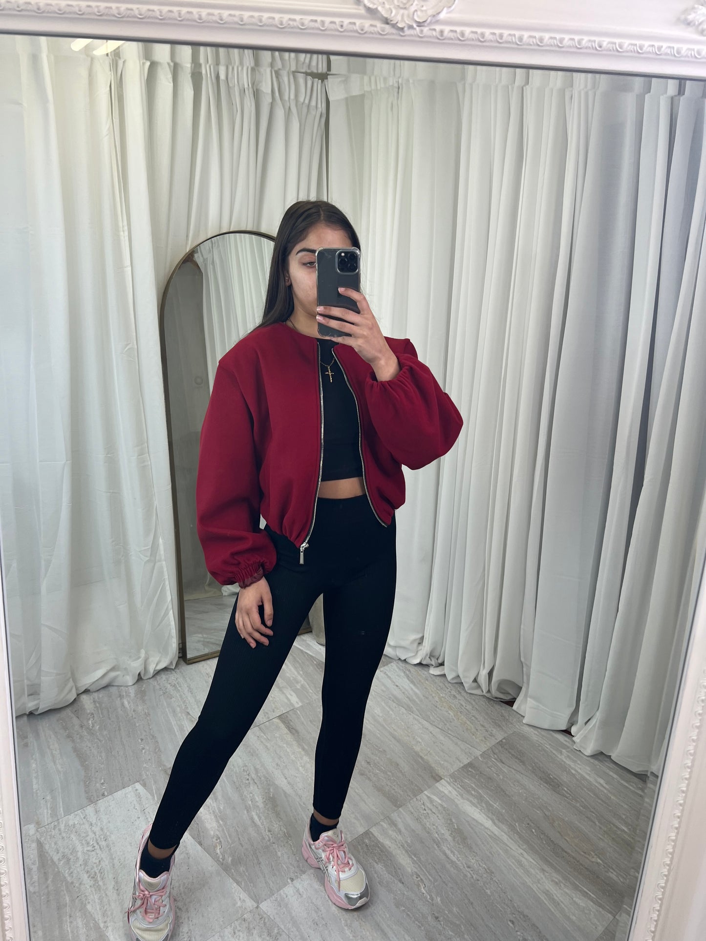 Zipped wool balloon sleeve bomber jacket