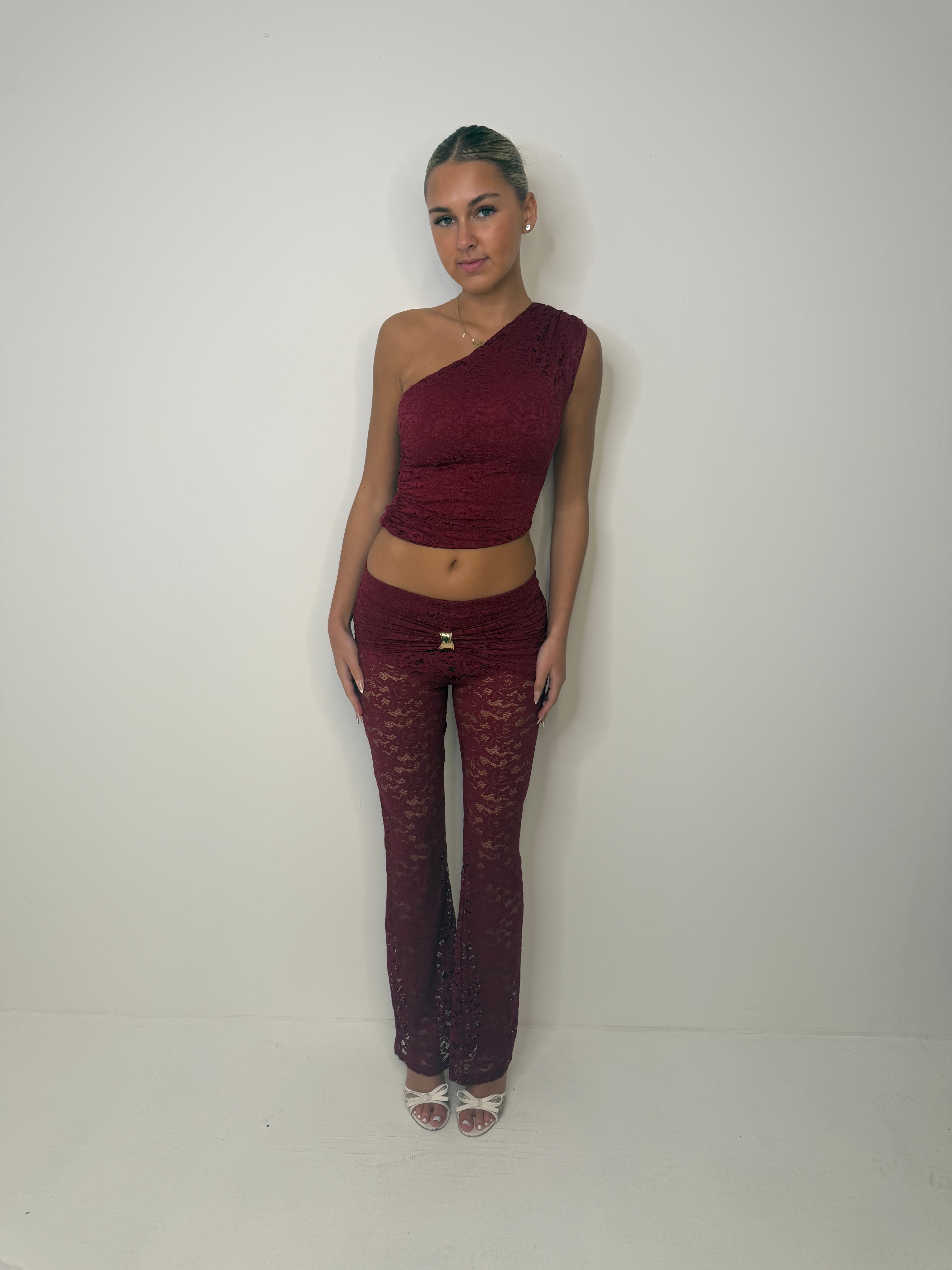 Talia Off the shoulder lace top with bottoms summer night out set WINE