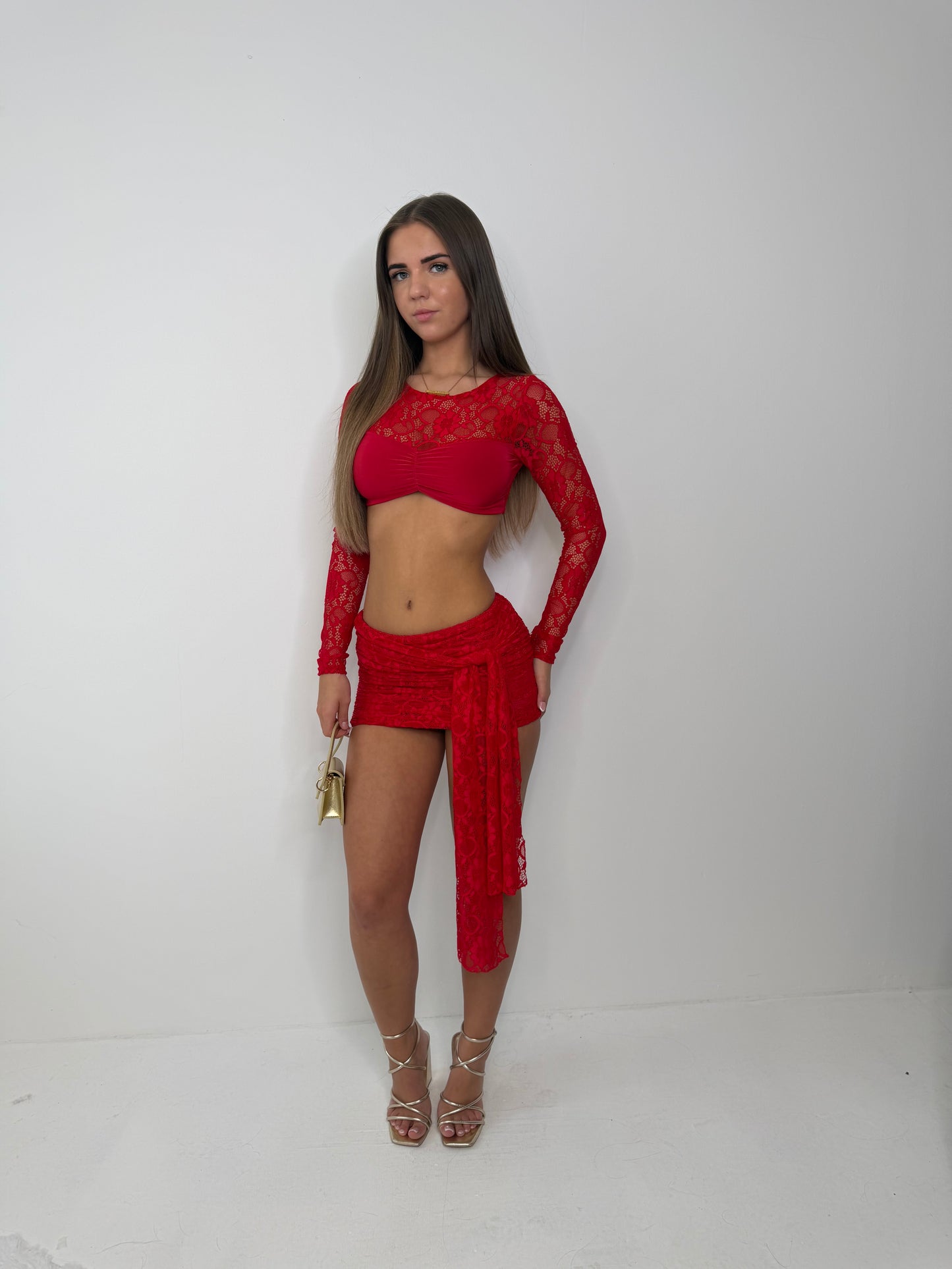 Scarlett lace ruched top and skirt with drape RED
