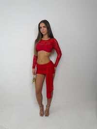 Scarlett lace ruched top and skirt with drape RED