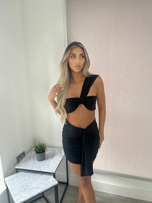 one shoulder tie crop top and drape tie skirt co-ord