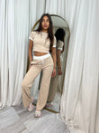 Short sleeved contrast lounge wear lightweight ribbed set