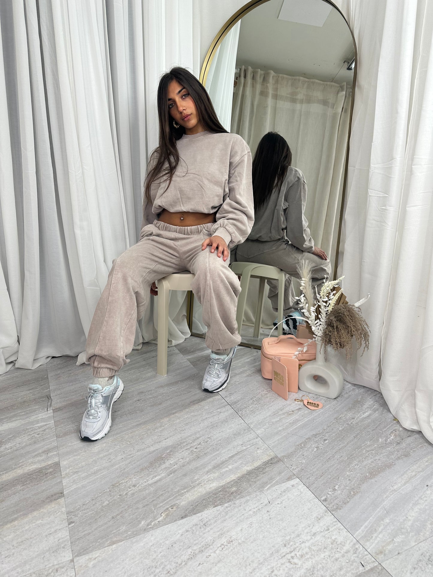 Dove grey distressed cropped puffball sweater with baggy joggers 10067