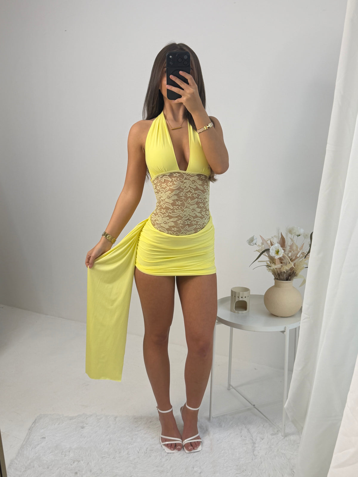 Yellow Lace Detail Slinky Halterneck Drape Mini Dress