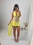 Yellow Lace Detail Slinky Halterneck Drape Mini Dress
