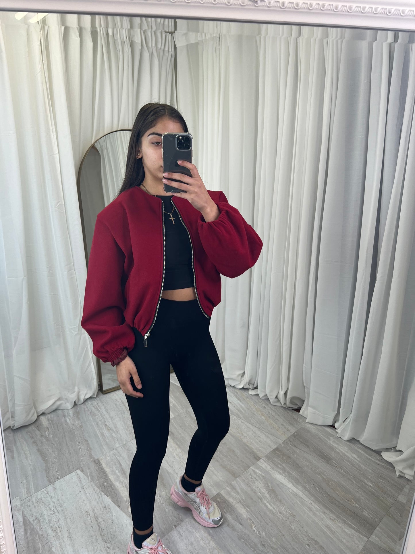 Zipped wool balloon sleeve bomber jacket