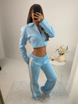 Mia wide leg tracksuit with side stripe and crop top with zipped front lounge wear 2 piece set