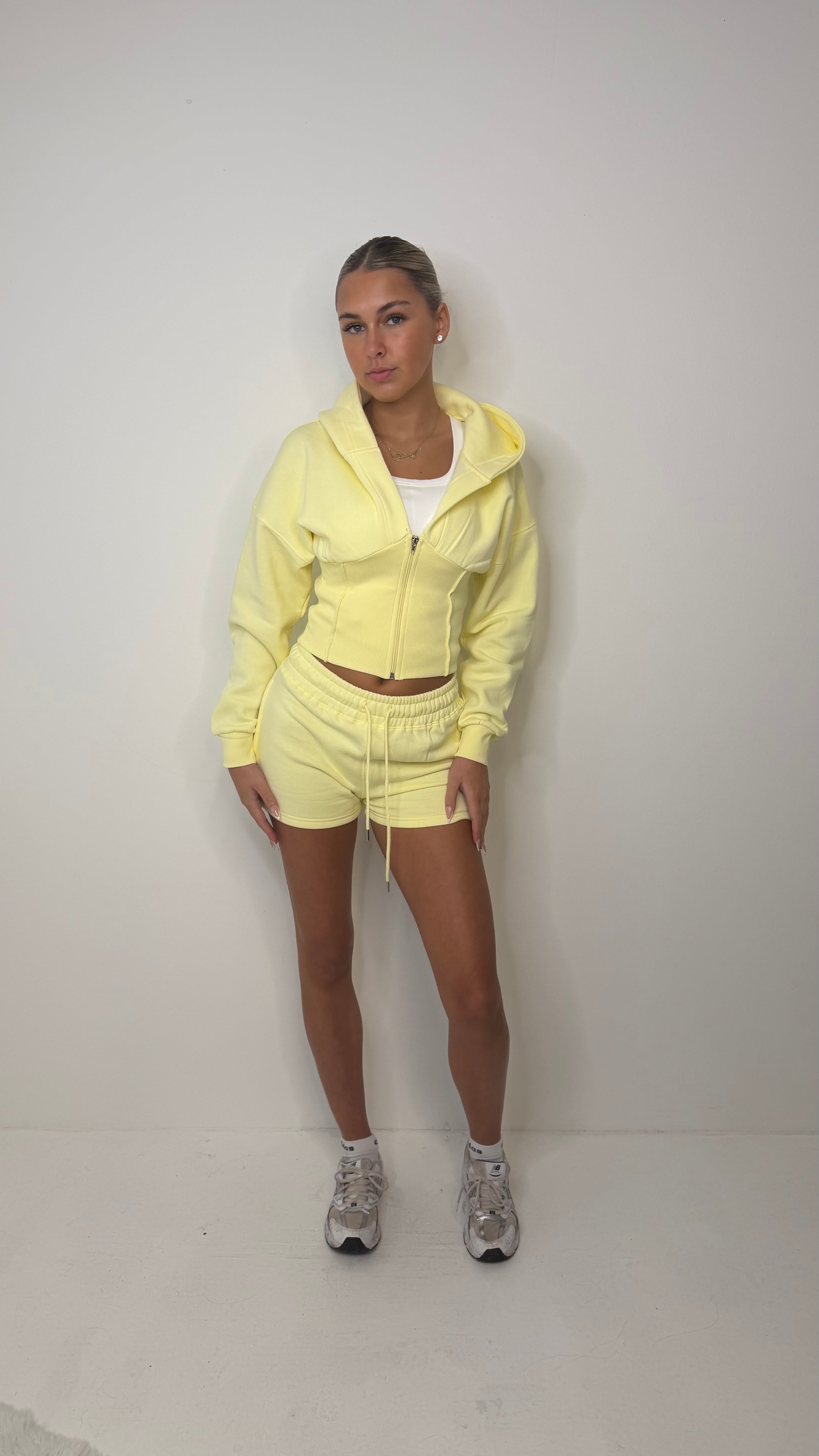 Eloise compression waist hooded shorts set with drawstring and pockets YELLOW