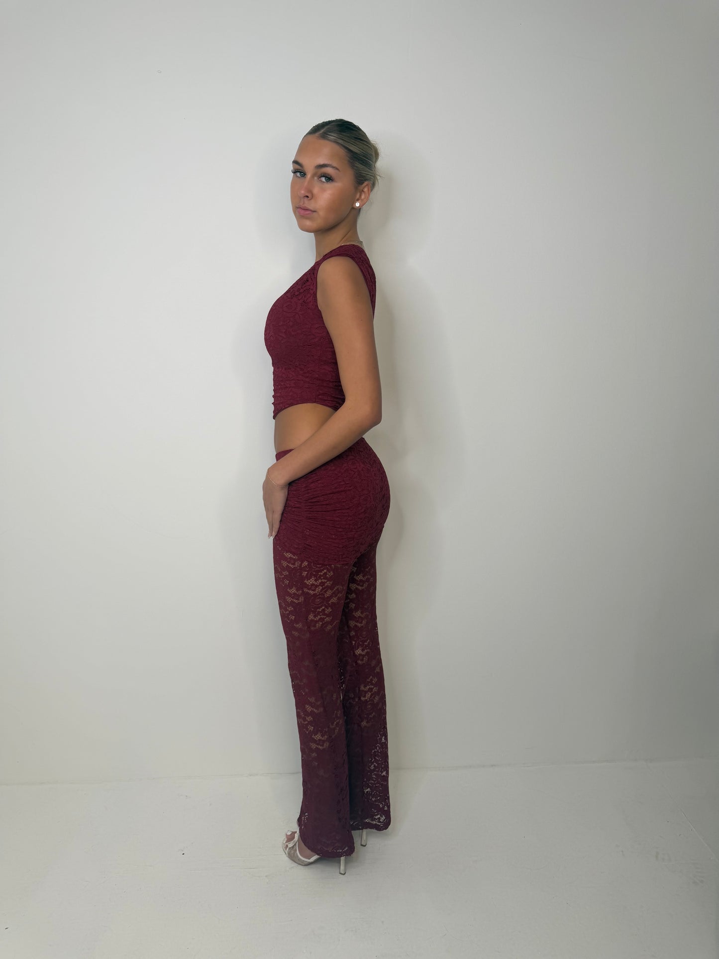 Talia Off the shoulder lace top with bottoms summer night out set WINE
