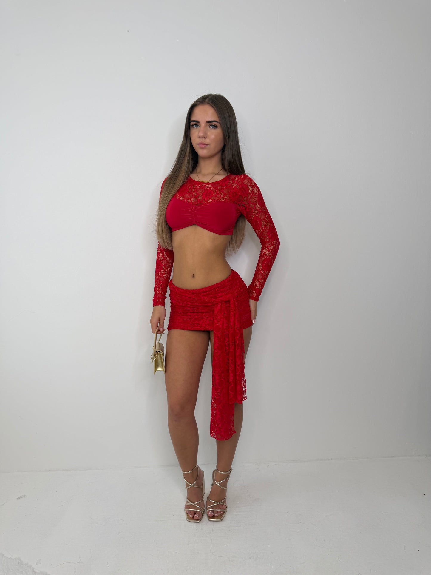 Scarlett lace ruched top and skirt with drape RED
