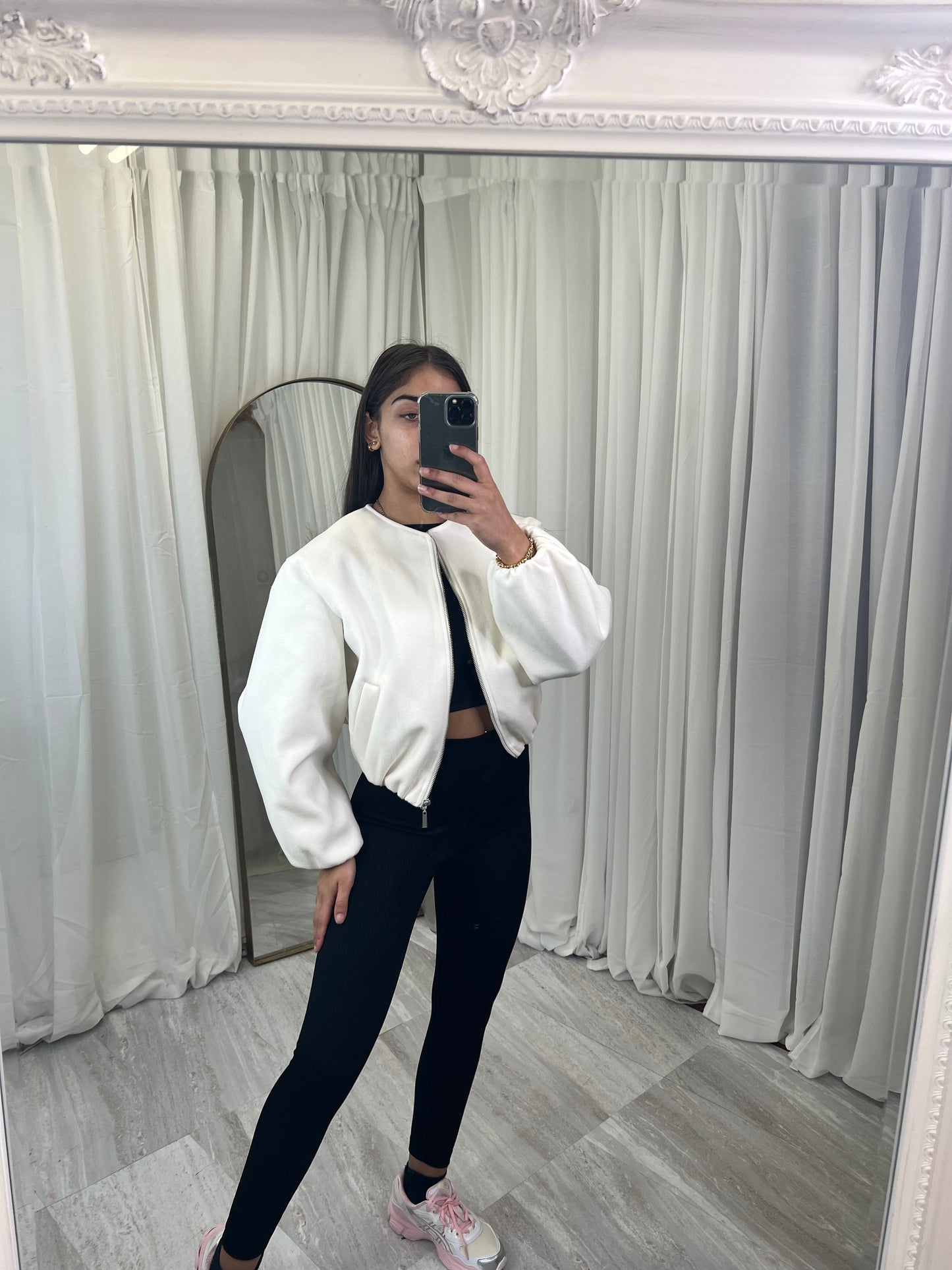 Zipped wool balloon sleeve bomber jacket