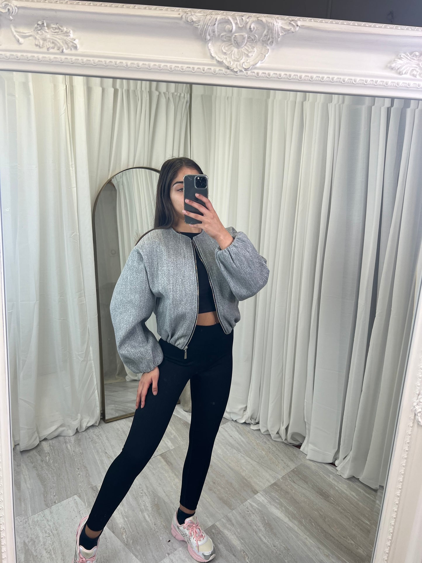 Zipped wool balloon sleeve bomber jacket