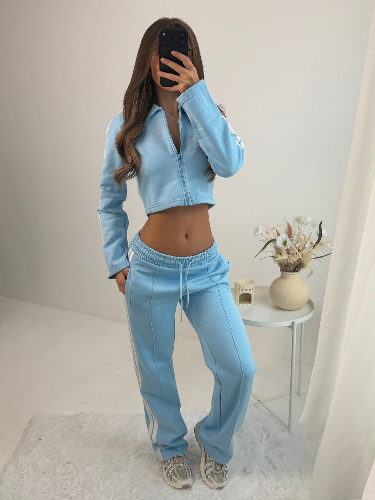 Sky Blue Mia Wide Leg Tracksuit with Side Stripe and Crop Top with Zipped Front Lounge Wear 2 Piece Set