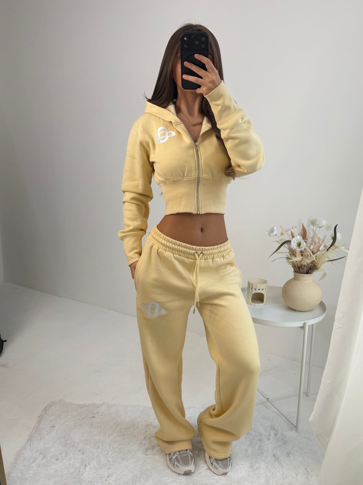 Hooded crop top and wide leg bottoms tracksuit set