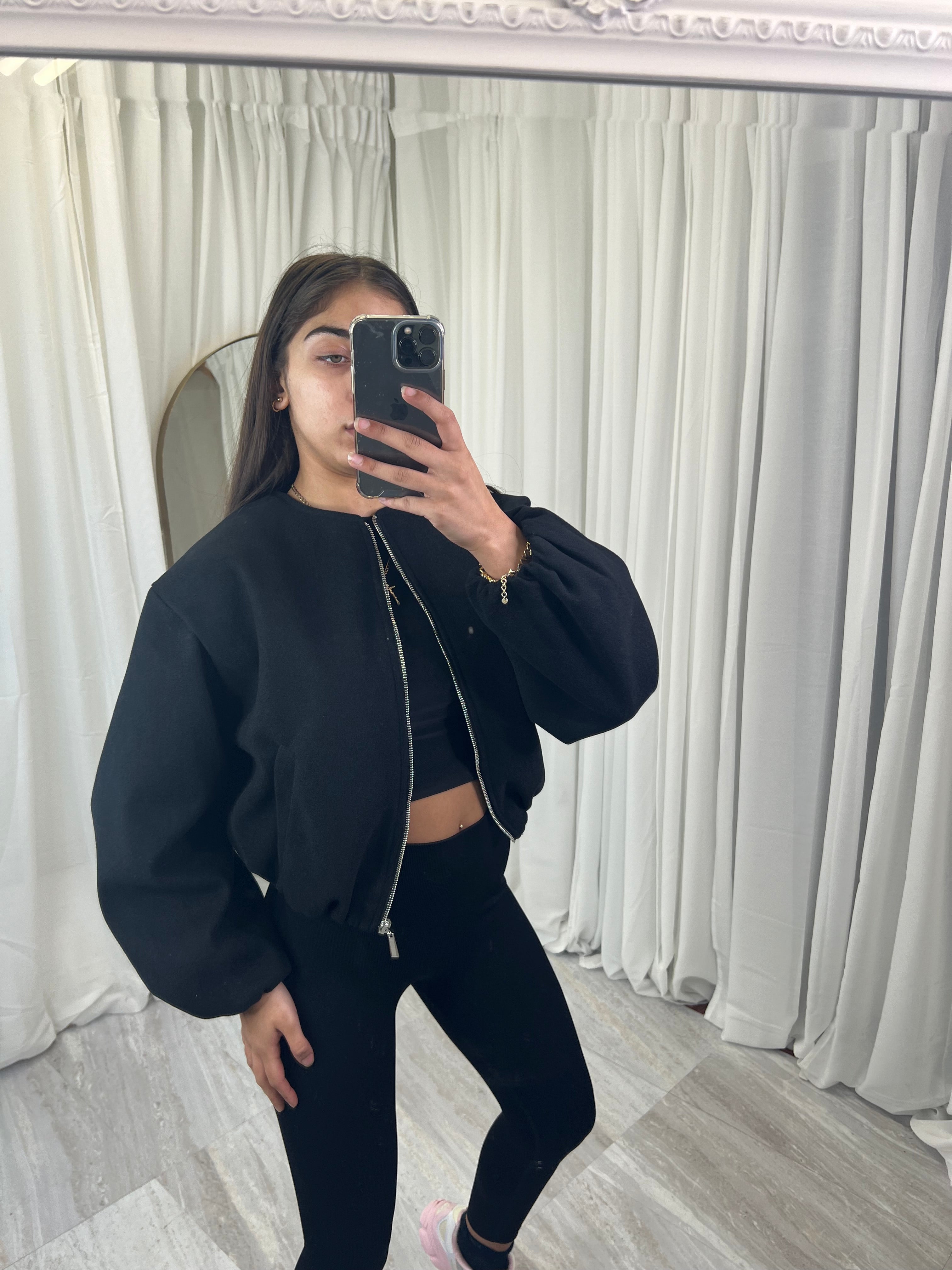 Zipped wool balloon sleeve bomber jacket