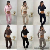 Mia wide leg tracksuit with side stripe and crop top with zipped front lounge wear 2 piece set