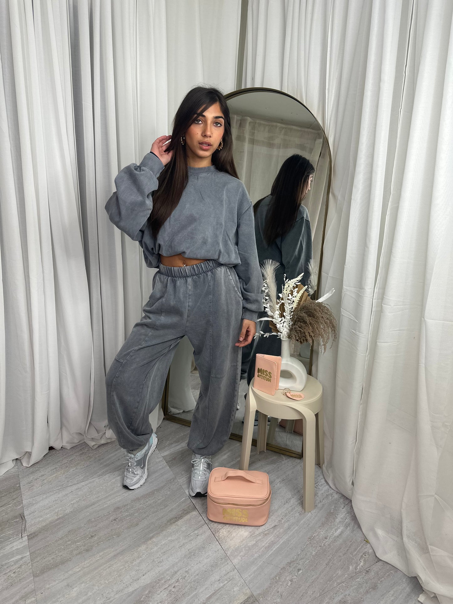 Charcoal distressed puffball sweater with baggy joggers 10067