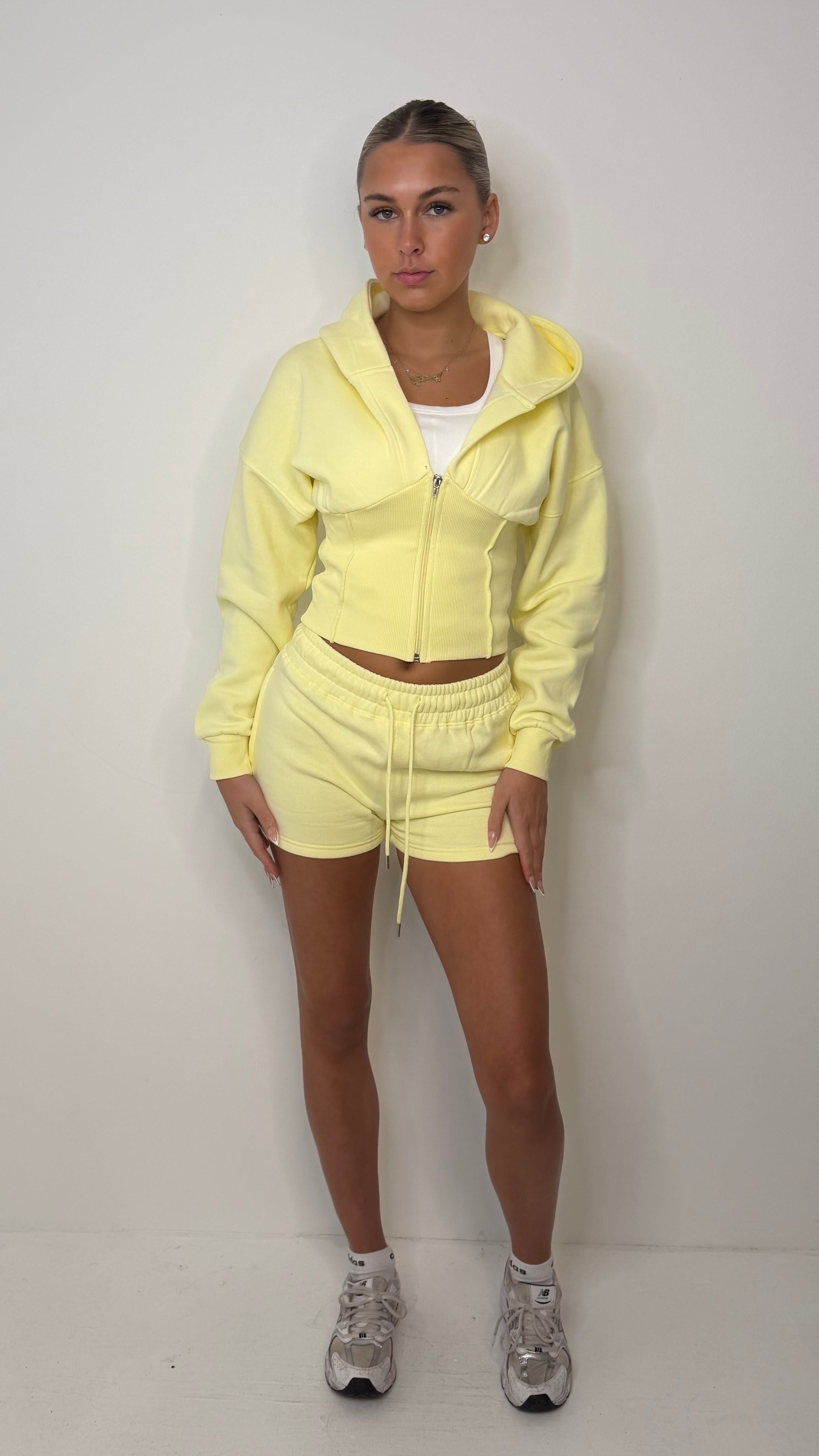 Eloise compression waist hooded shorts set with drawstring and pockets YELLOW