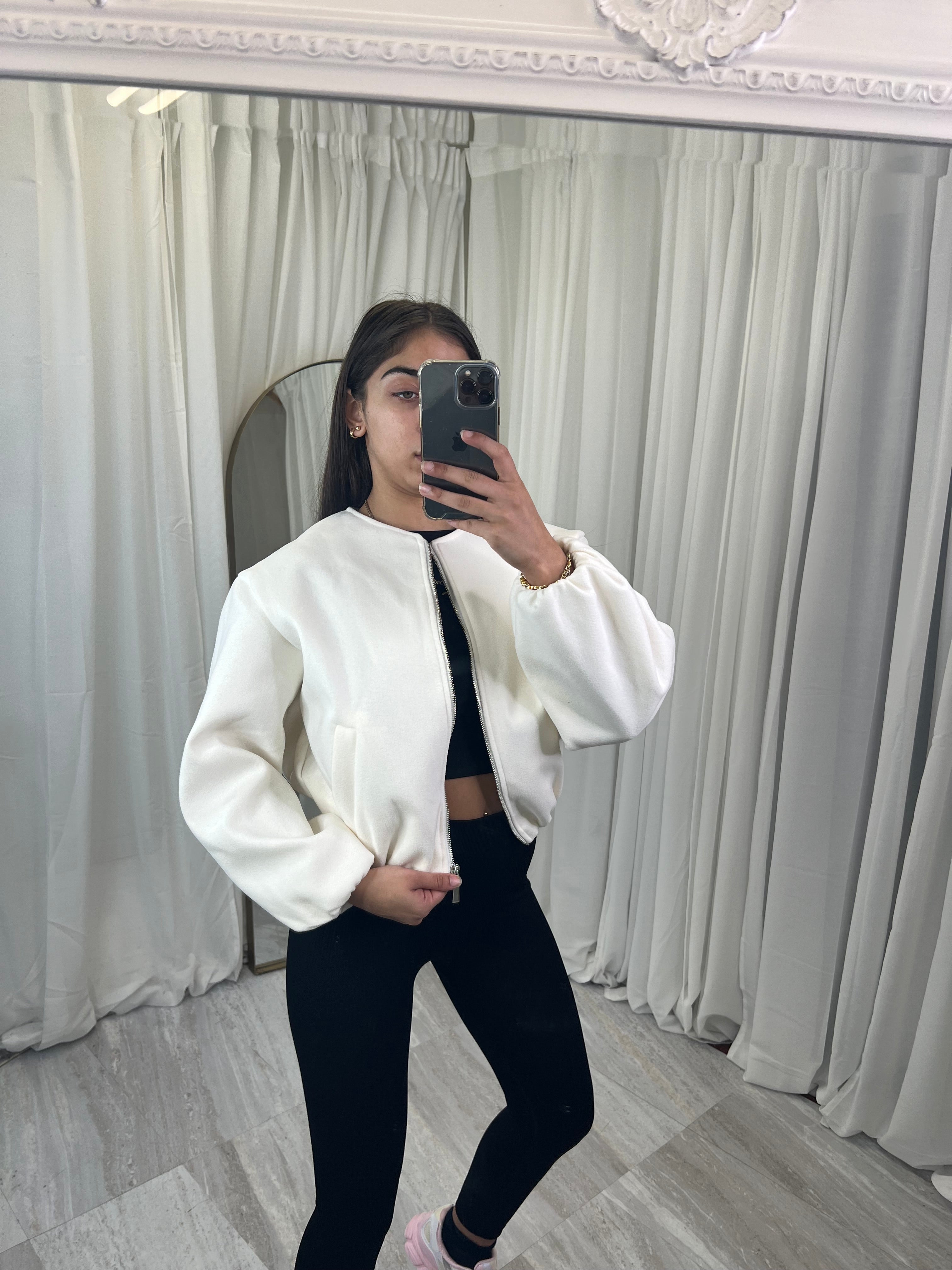 Zipped wool balloon sleeve bomber jacket