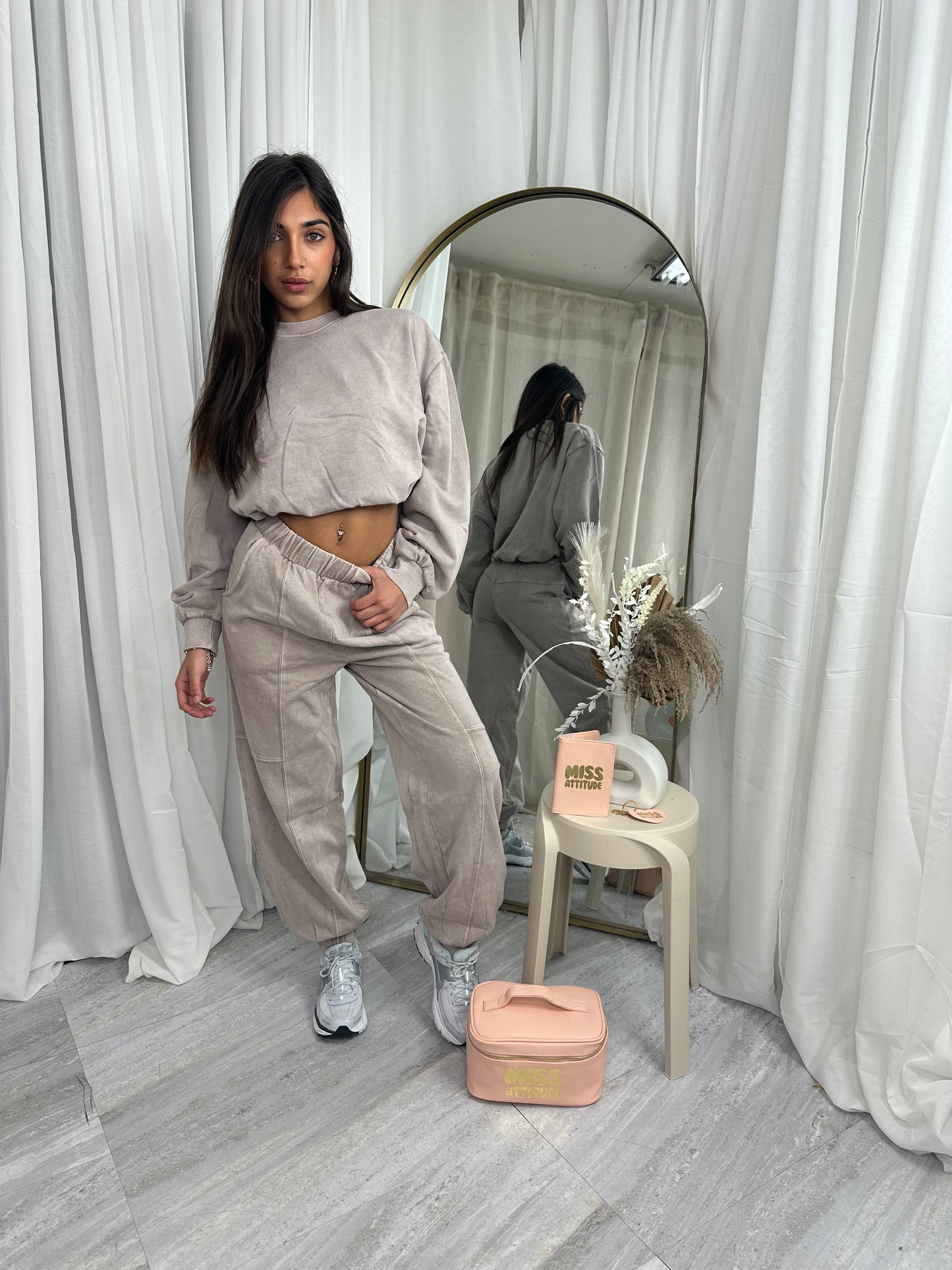 Dove grey distressed cropped puffball sweater with baggy joggers 10067