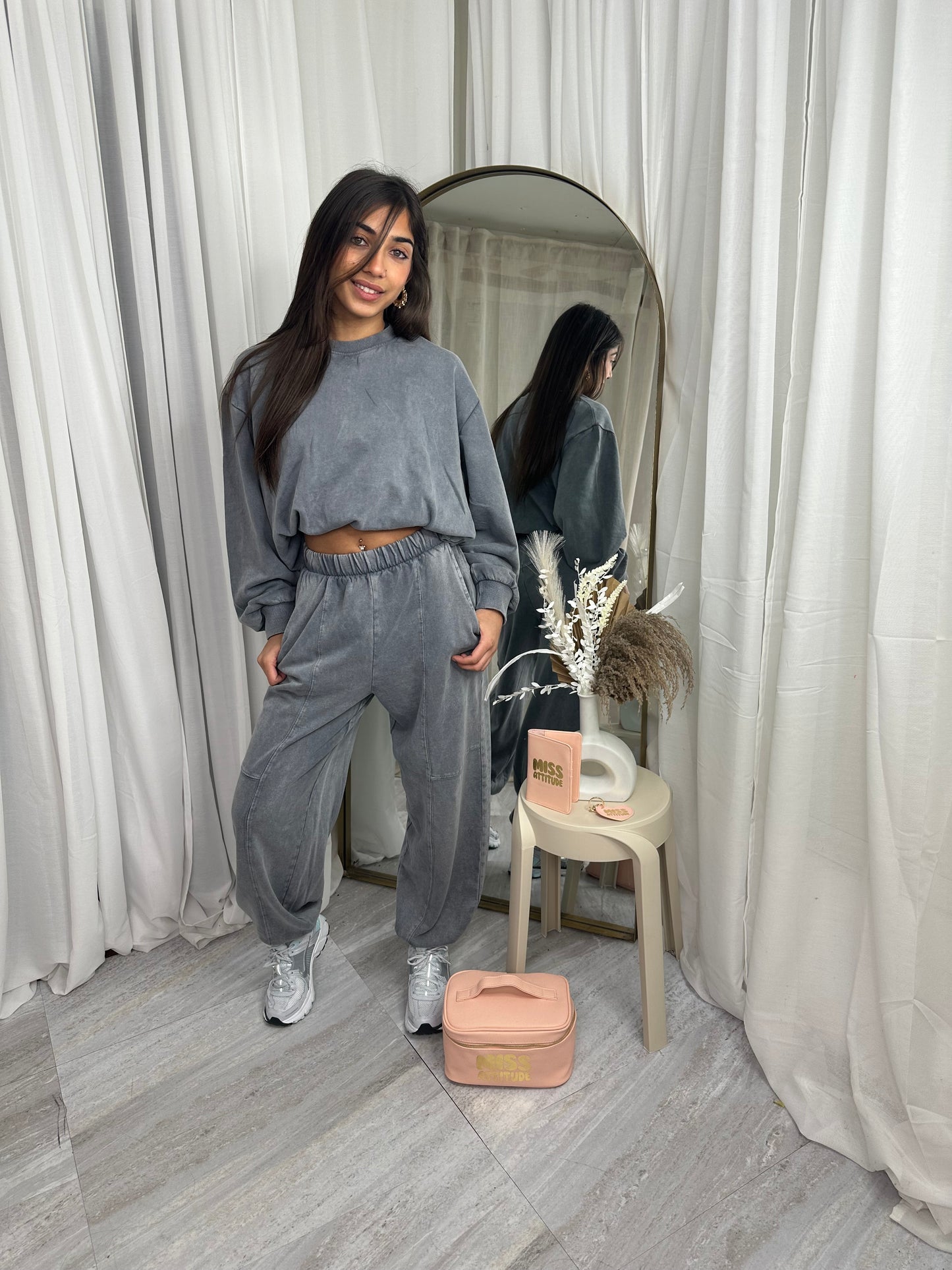 Charcoal distressed puffball sweater with baggy joggers 10067