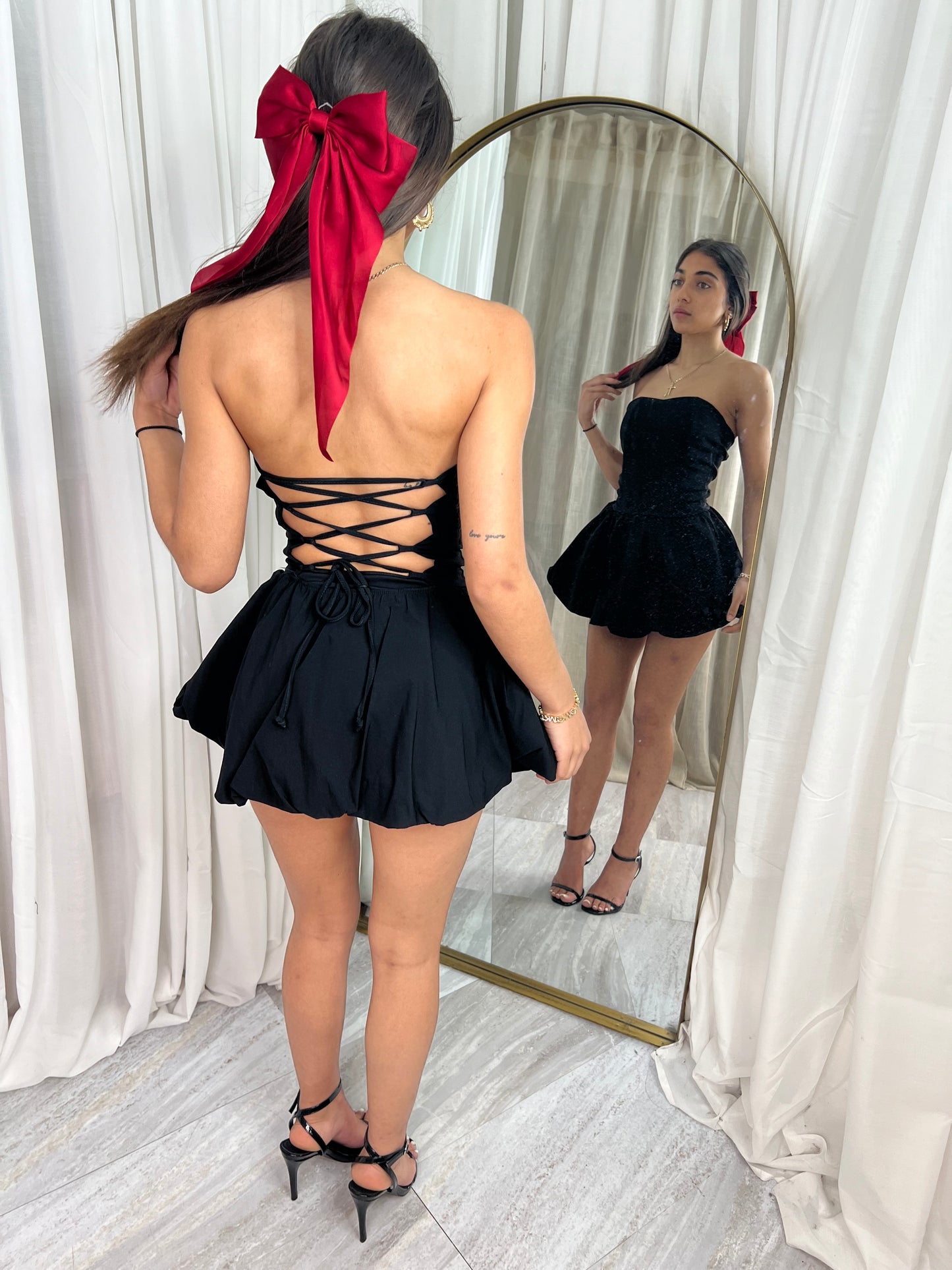 Corset strapless lace up backless puffball dress