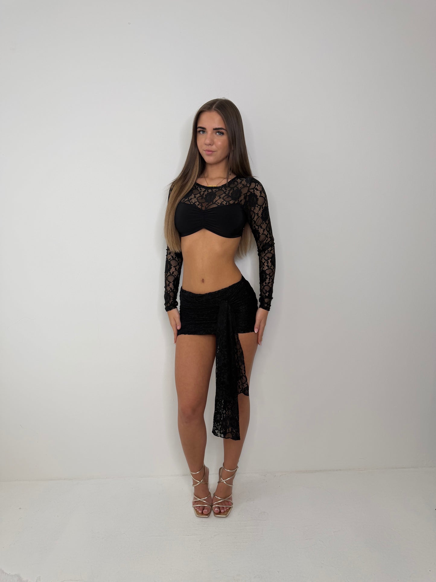 Scarlett lace ruched top and skirt with drape BLACK
