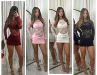 Long sleeved lace mini ruched bottom party dress