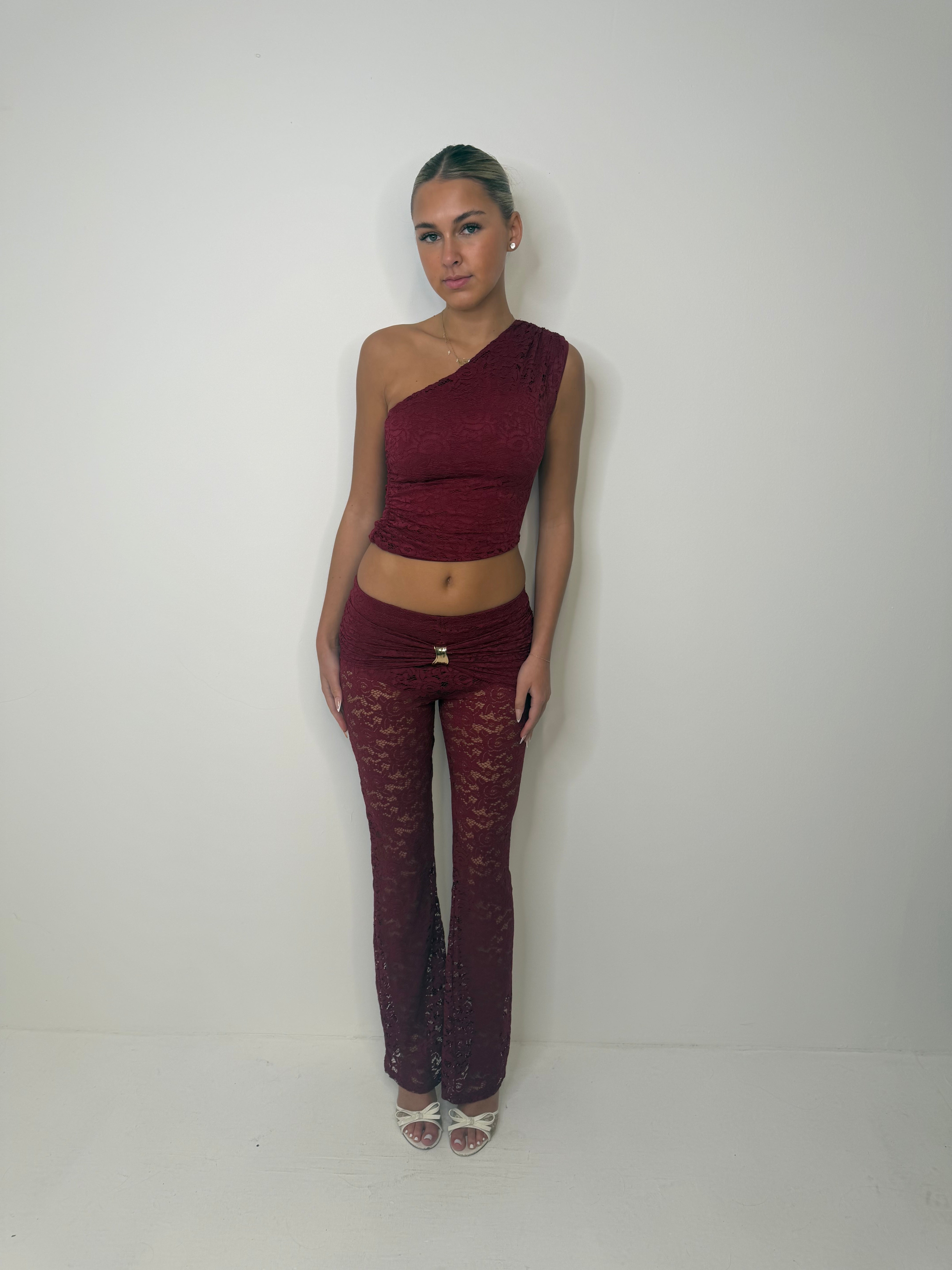 Talia Off the shoulder lace top with bottoms summer night out set WINE