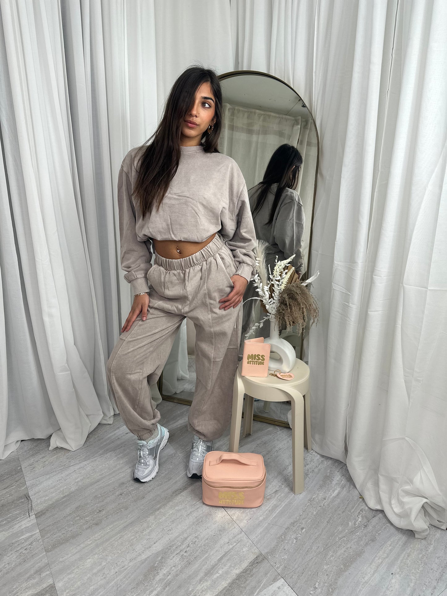 Dove grey distressed cropped puffball sweater with baggy joggers 10067