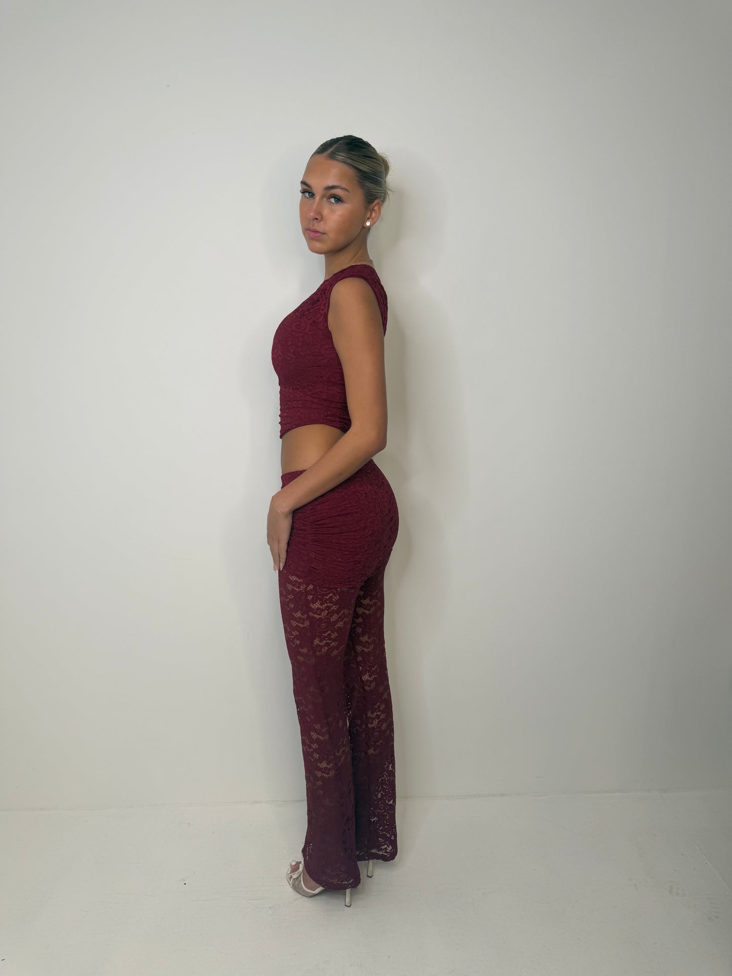 Talia Off the shoulder lace top with bottoms summer night out set WINE