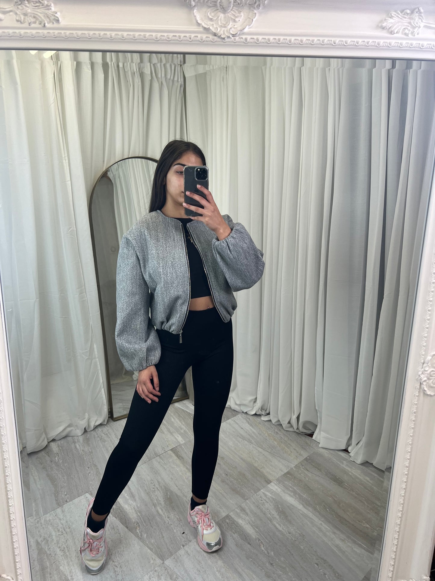 Zipped wool balloon sleeve bomber jacket