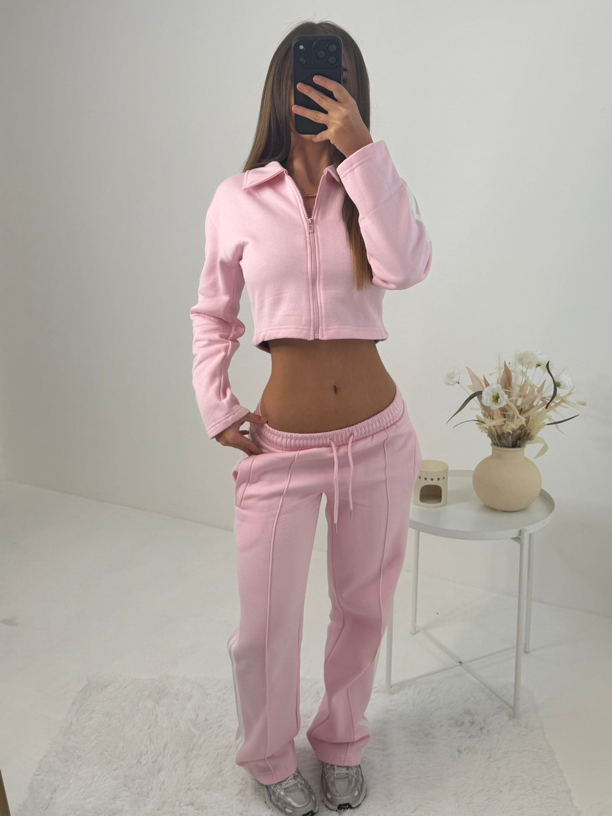 Baby Pink Mia Wide Leg Tracksuit with Side Stripe and Crop Top with Zipped Front Lounge Wear 2 Piece Set