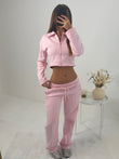 Baby Pink Mia Wide Leg Tracksuit with Side Stripe and Crop Top with Zipped Front Lounge Wear 2 Piece Set