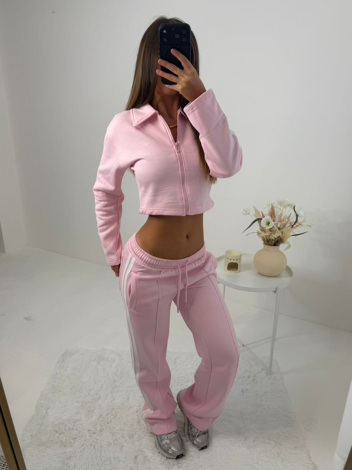 Baby Pink Mia Wide Leg Tracksuit with Side Stripe and Crop Top with Zipped Front Lounge Wear 2 Piece Set