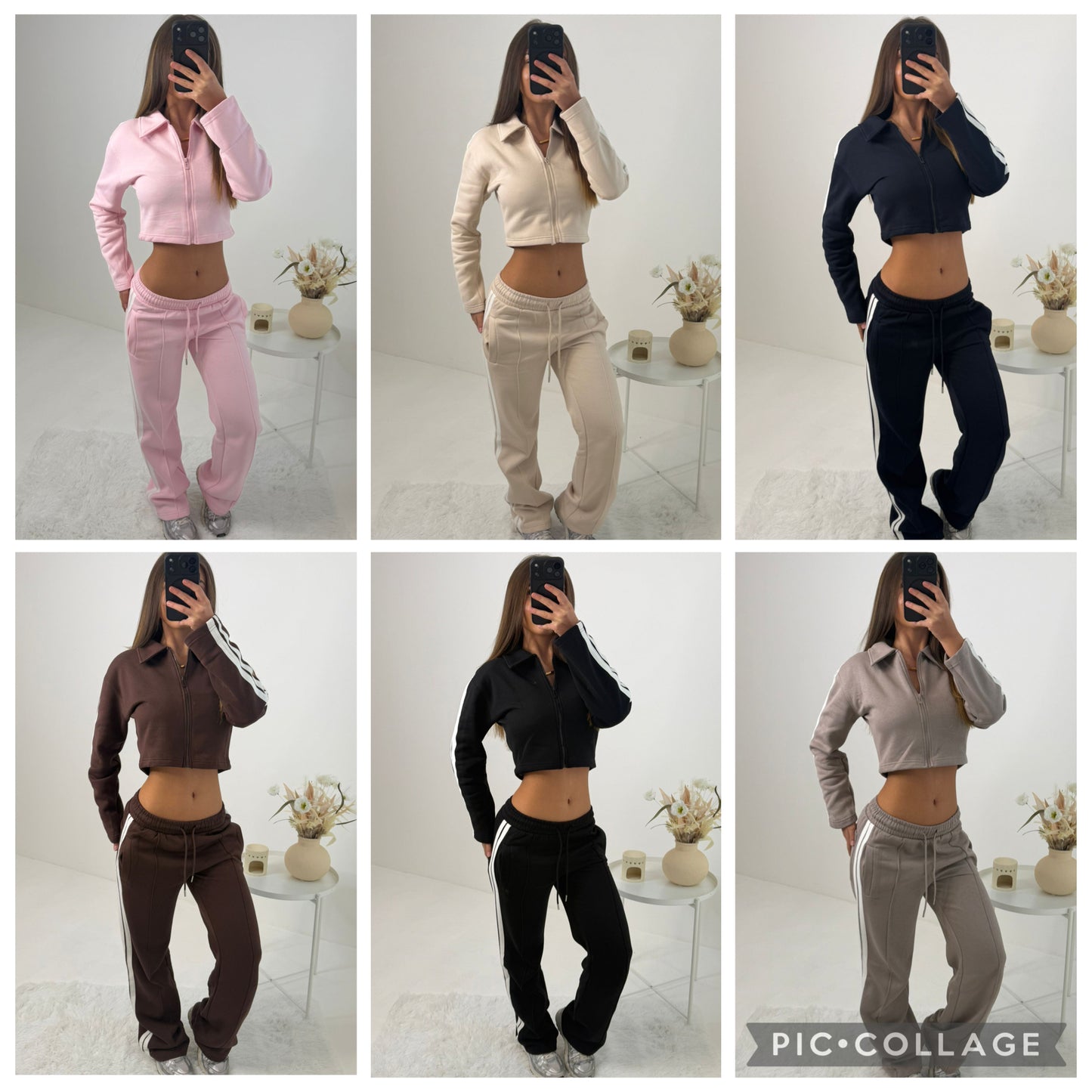 Mia wide leg tracksuit with side stripe and crop top with zipped front lounge wear 2 piece set