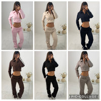 Mia wide leg tracksuit with side stripe and crop top with zipped front lounge wear 2 piece set