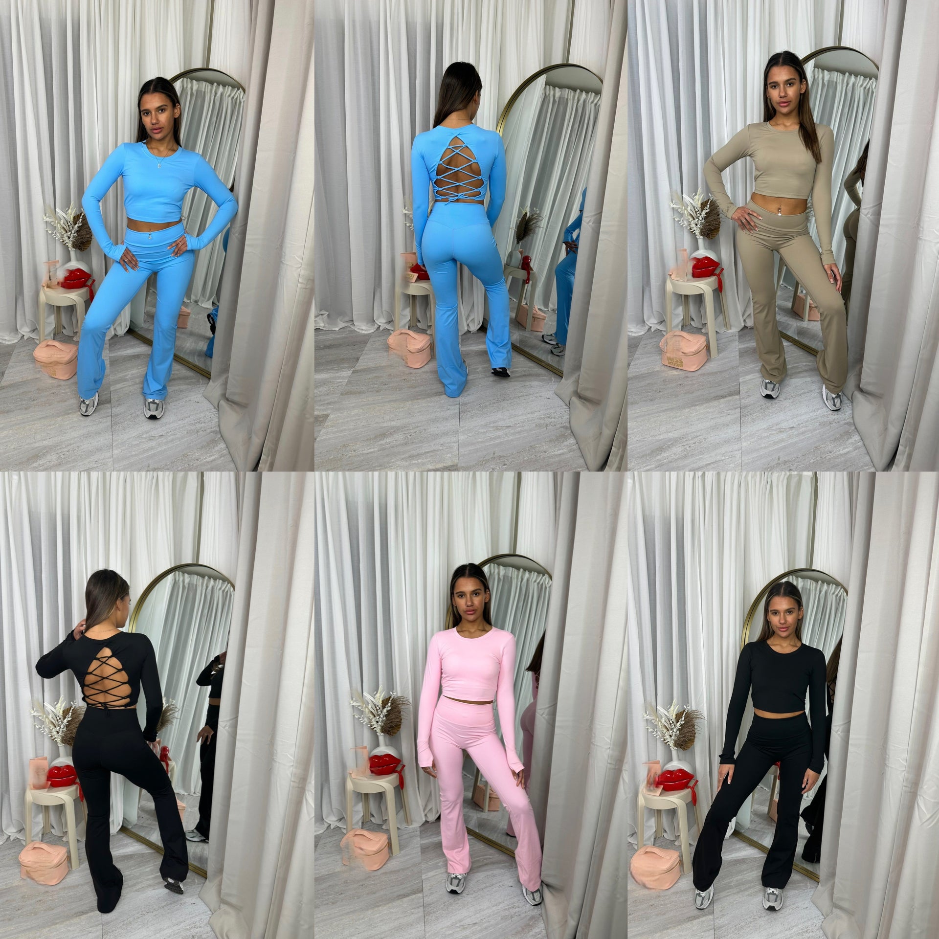 Stretchy padded lace up back gym set with flares
