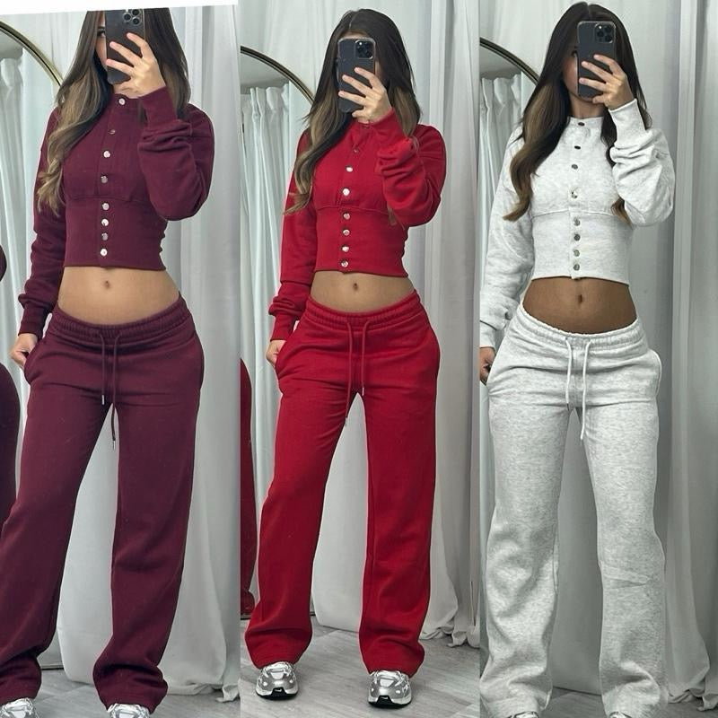 Bonnie long sleeve button detail top and wide leg joggers