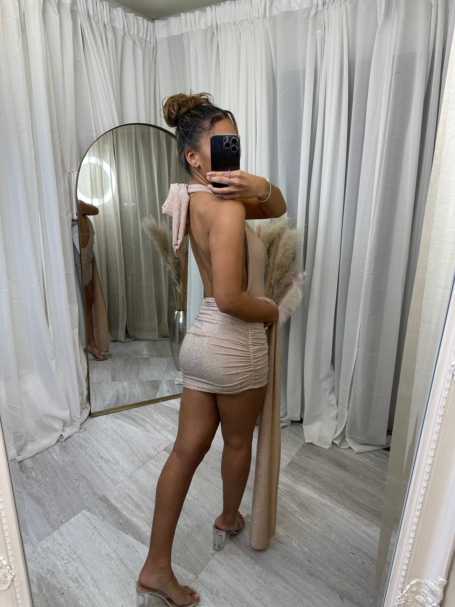Sleeveless glitter halter cowl neck drape dress