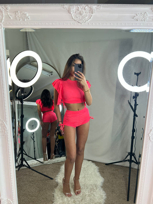 Phoebe short sleeved ruched top and shorts set neon pink