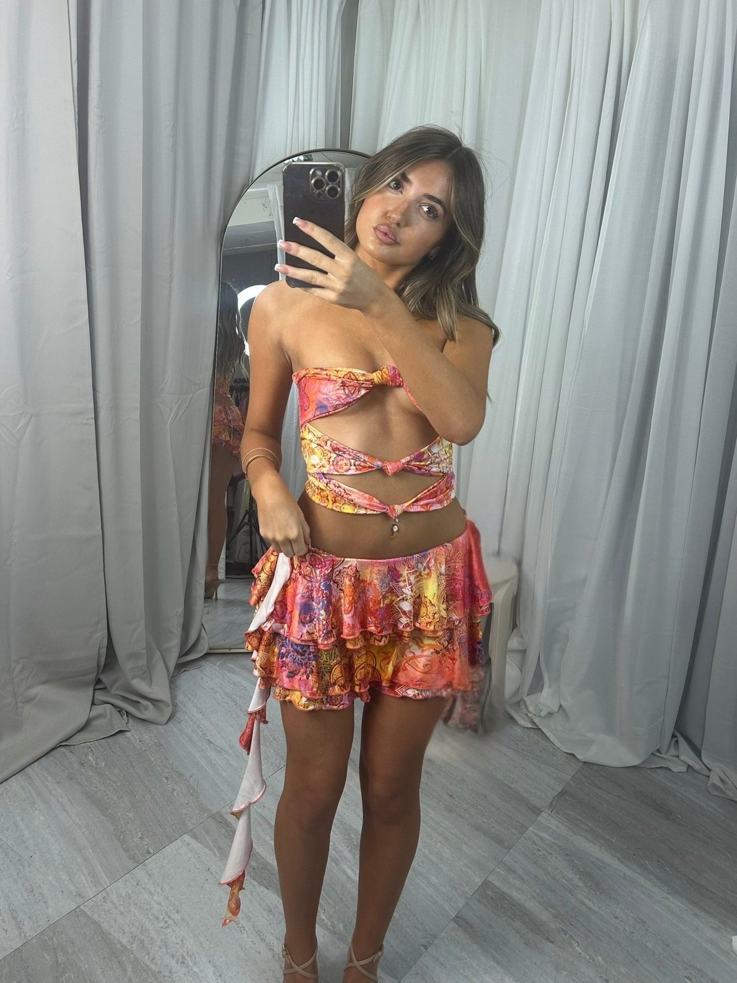 Paisley Print Ruffle Skirt & Cut Out Knot Front Bandeau Top Co-ord