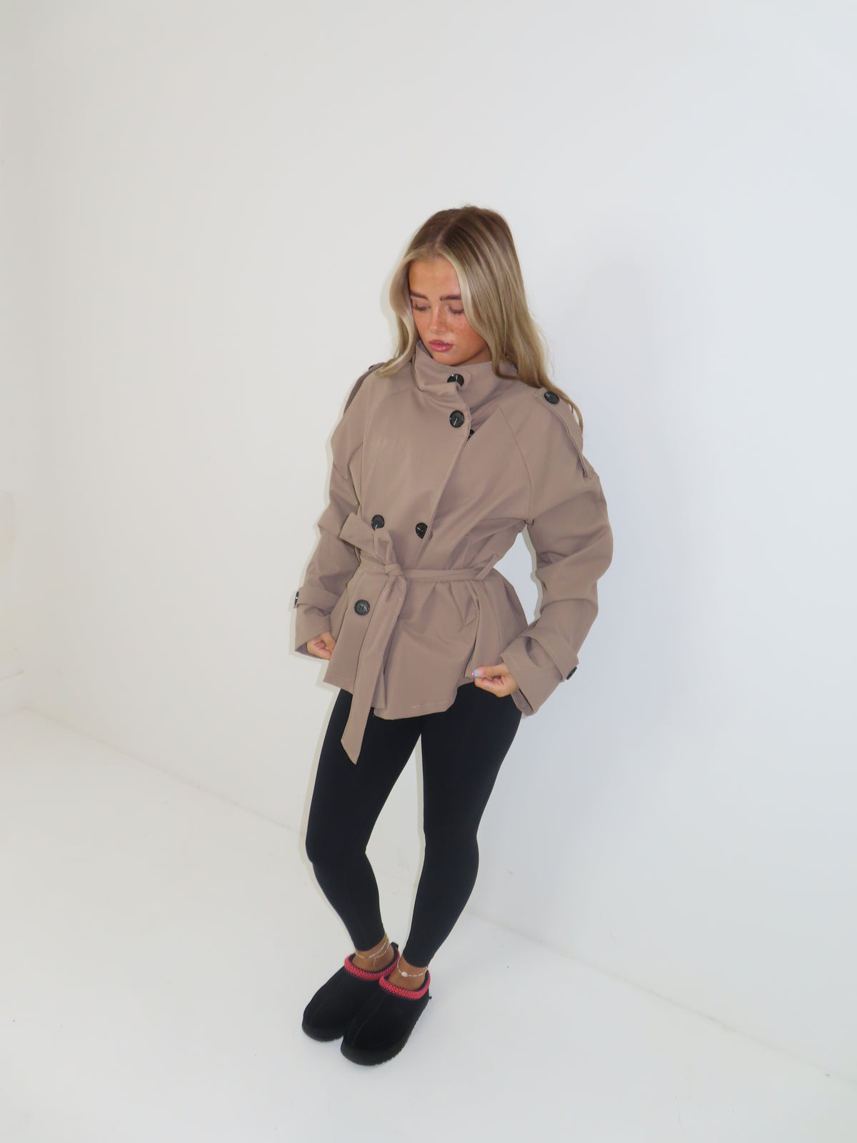 Jessica buttoned belted long sleeved womens jacket